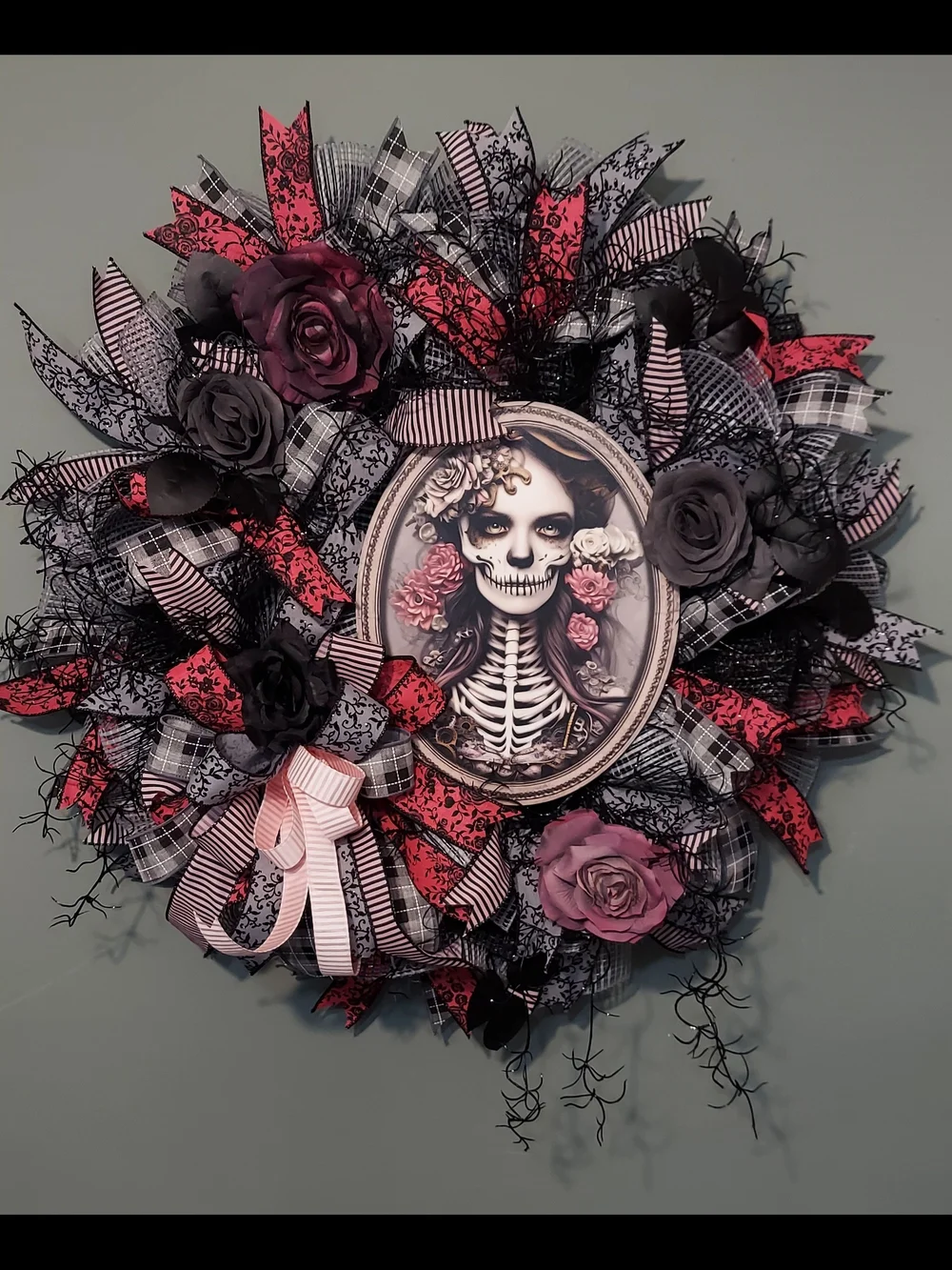 Hand Crafted Black & Pink Gothic Skeleton Portrait Wreath